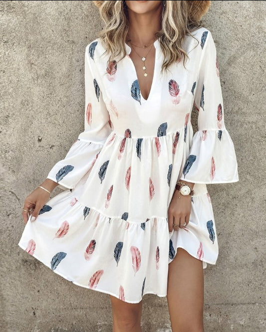 Feather Print Bell Sleeve Ruffle Casual Dress