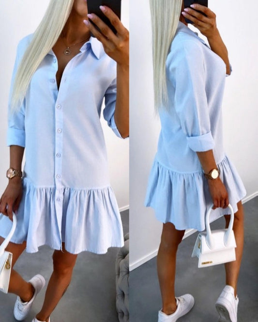 Casual long sleeve shirt dress with buttoned ruffle hem