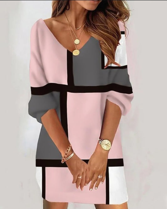 Robe décontractée à imprimé géométrique et blocs de couleurs