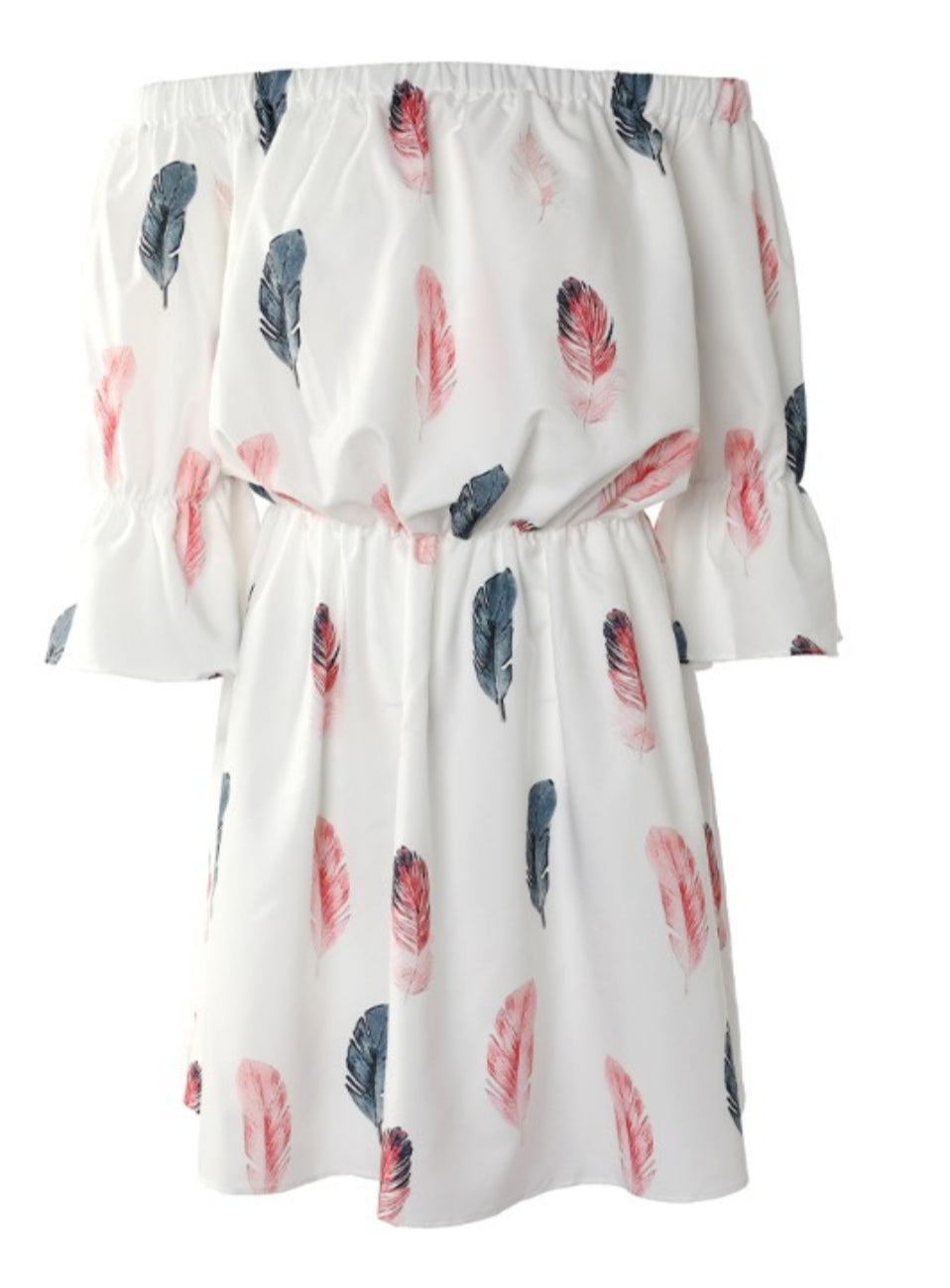 Robe décontractée à manches cloche et épaules dénudées à imprimé plumes