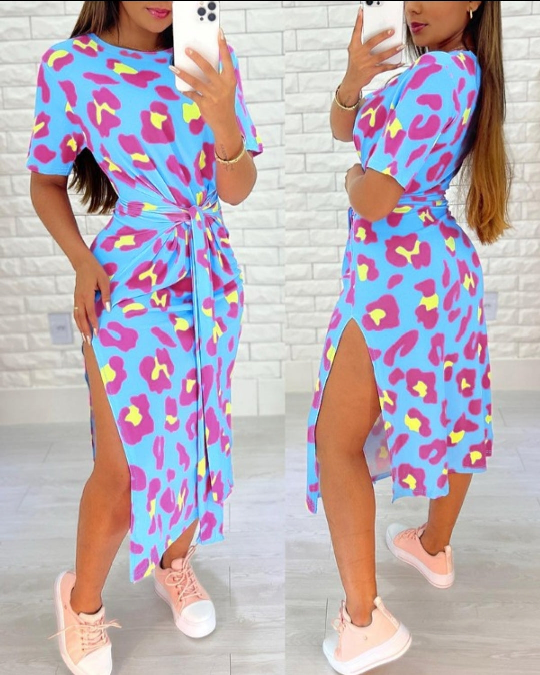 Robe décontractée fendue à imprimé léopard rose