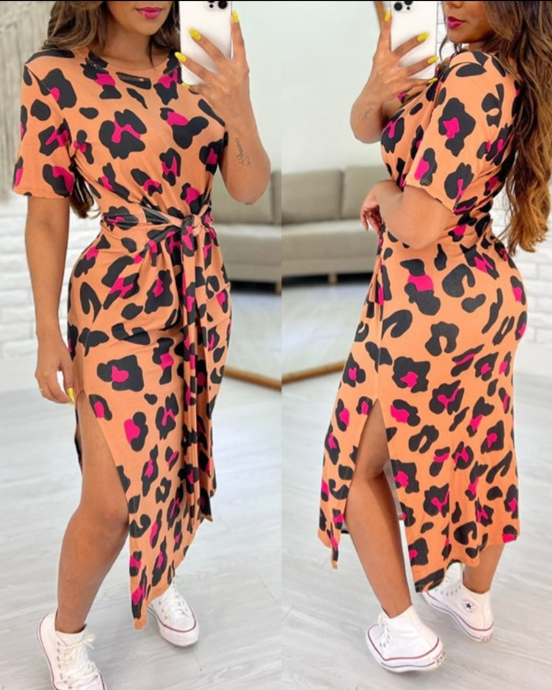Robe décontractée fendue à imprimé léopard rose