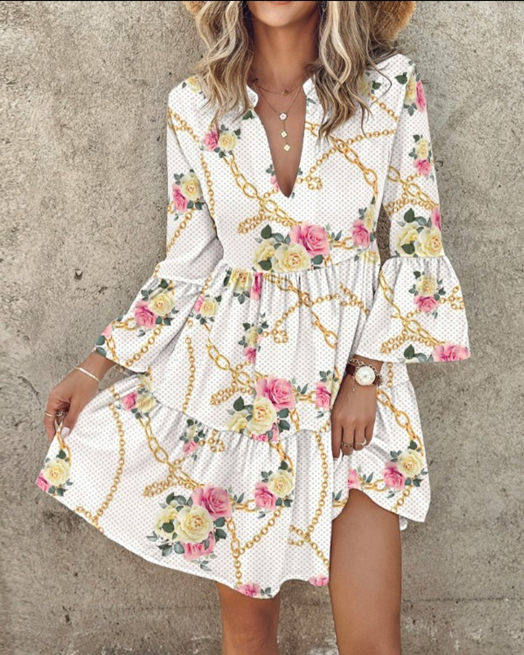 Robe décontractée à volants et manches cloches à imprimé florale et chaîne
