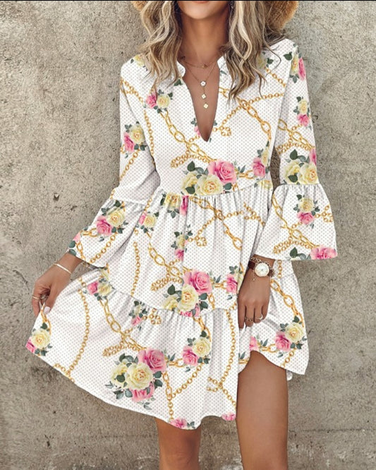Robe décontractée à volants et manches cloches à imprimé florale et chaîne