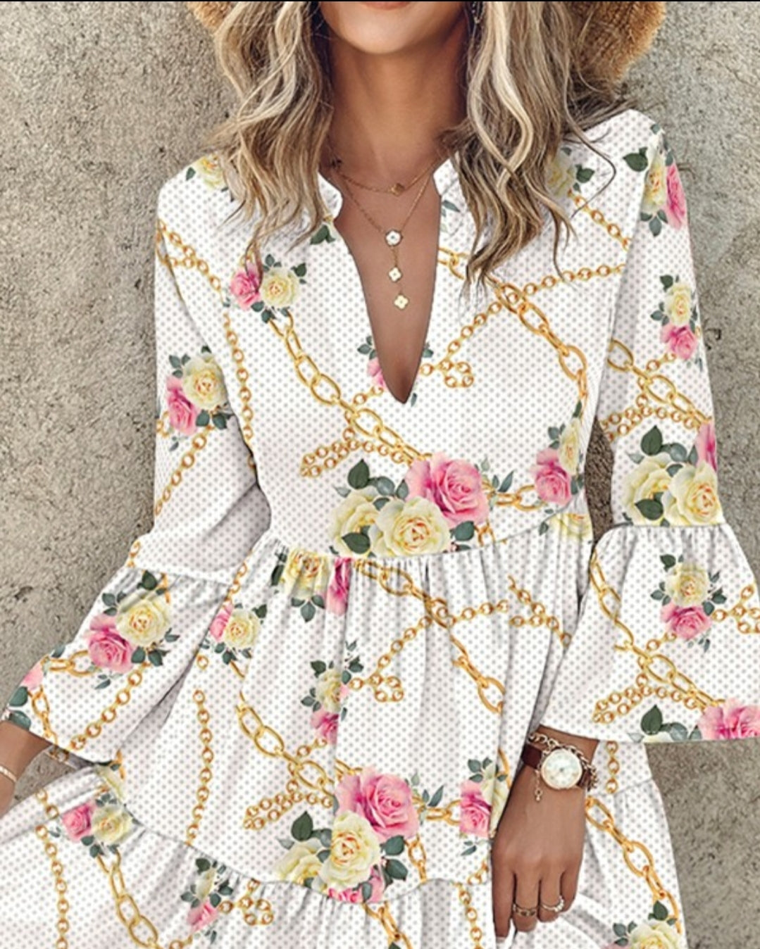 Robe décontractée à volants et manches cloches à imprimé florale et chaîne
