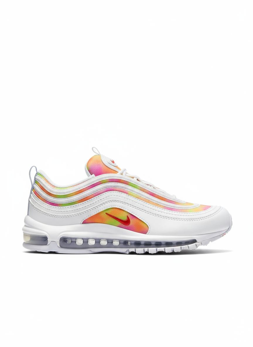 Nike Air Max 97 blanche avec bandes arc-en-ciel sur fond blanc