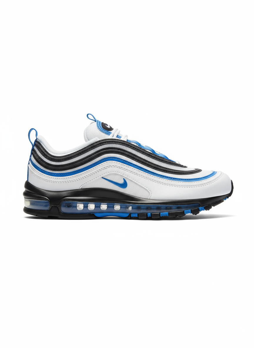 Tout d’abord, les baskets Nike Air Max 97 Femme se distinguent par leur design audacieux et leur look rétro futuriste.