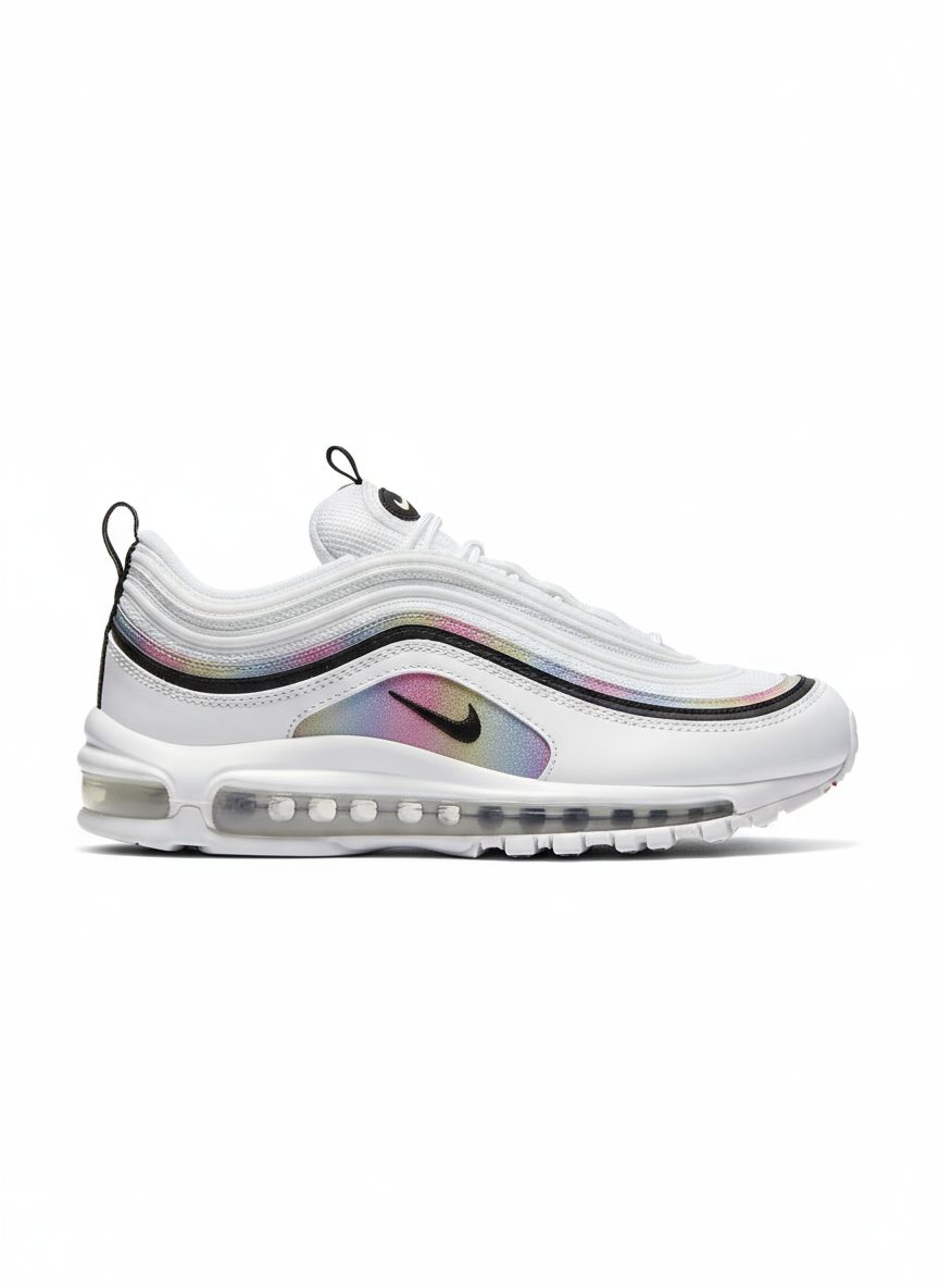 Premièrement, les baskets Nike Air Max 97 Femme incarnent un design emblématique et audacieux.