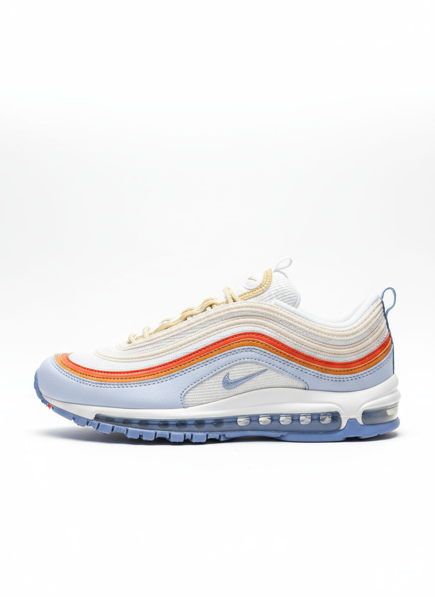 Tout d’abord, les baskets Nike Air Max 97 Femme se distinguent par leur design audacieux et leur look rétro futuriste.