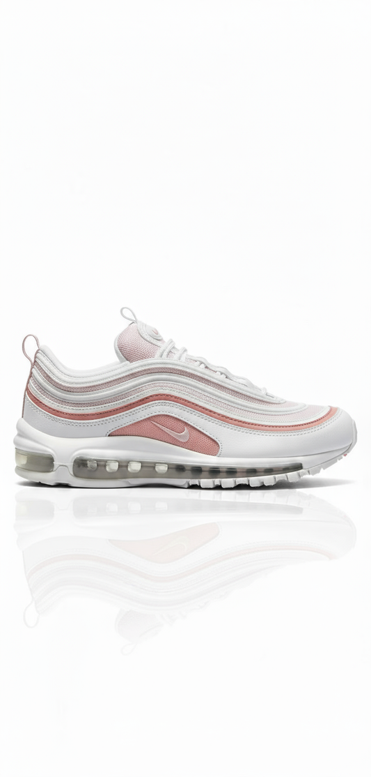 Nike Air Max 97 blanche avec détails rose cuivré sur fond blanc
