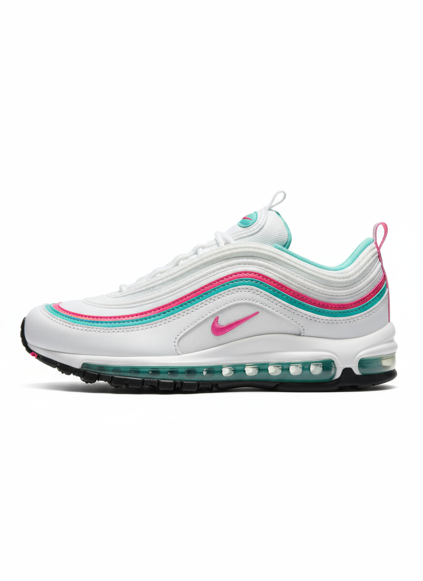 Premièrement, les baskets Nike Air Max 97 Femme incarnent un design emblématique et audacieux.