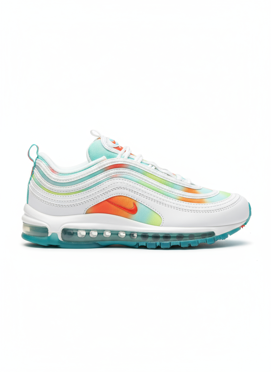 Tout d’abord, les baskets Nike Air Max 97 Femme se distinguent par leur design audacieux et leur look rétro futuriste.