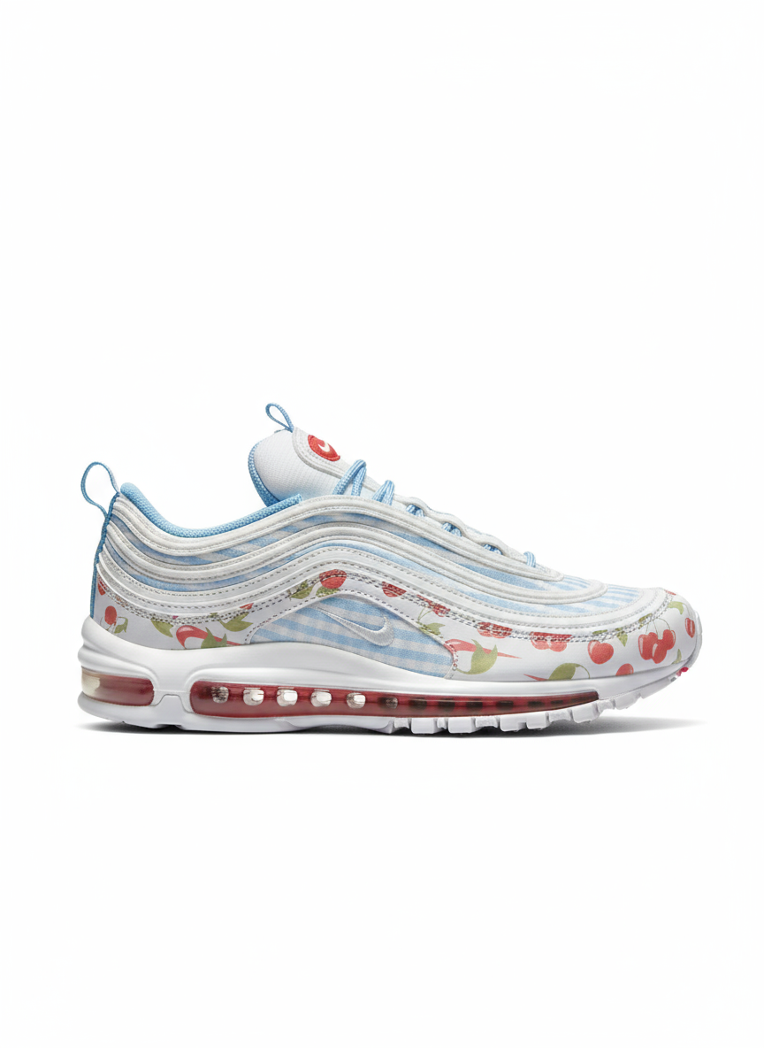 Premièrement, les baskets Nike Air Max 97 Femme incarnent un design emblématique et audacieux.