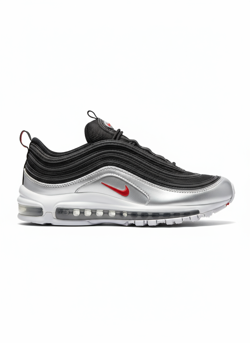 Premièrement, les baskets Nike Air Max 97 Femme incarnent un design emblématique et audacieux.

Inspirées des lignes fluides des trains à grande vitesse japonais.