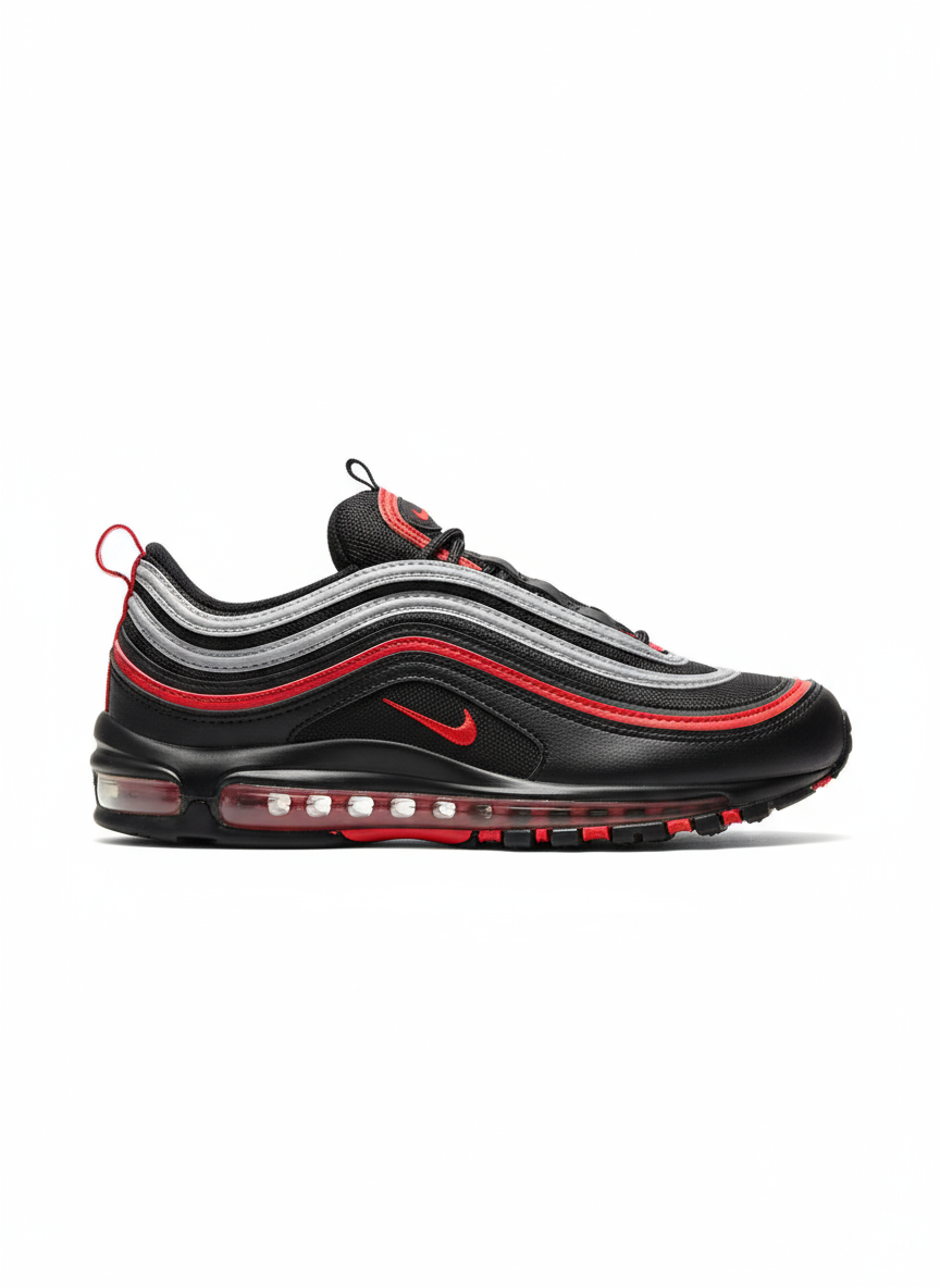 Premièrement, les baskets Nike Air Max 97 Femme incarnent un design emblématique et audacieux.

Inspirées des lignes fluides des trains à grande vitesse japonais.