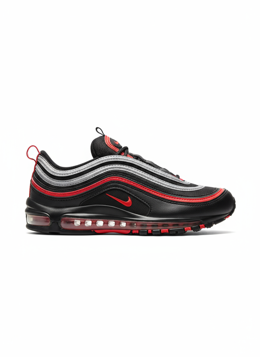 Premièrement, les baskets Nike Air Max 97 Femme incarnent un design emblématique et audacieux.

Inspirées des lignes fluides des trains à grande vitesse japonais.