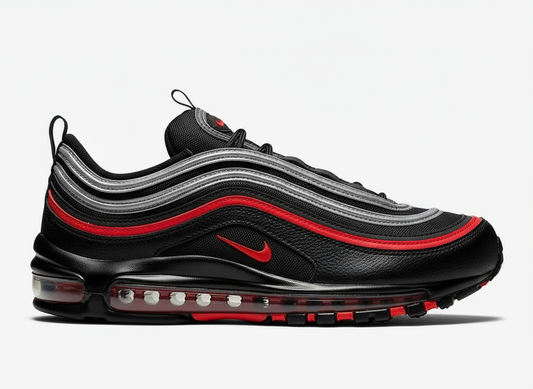 Premièrement, les baskets Nike Air Max 97 Femme incarnent un design emblématique et audacieux.