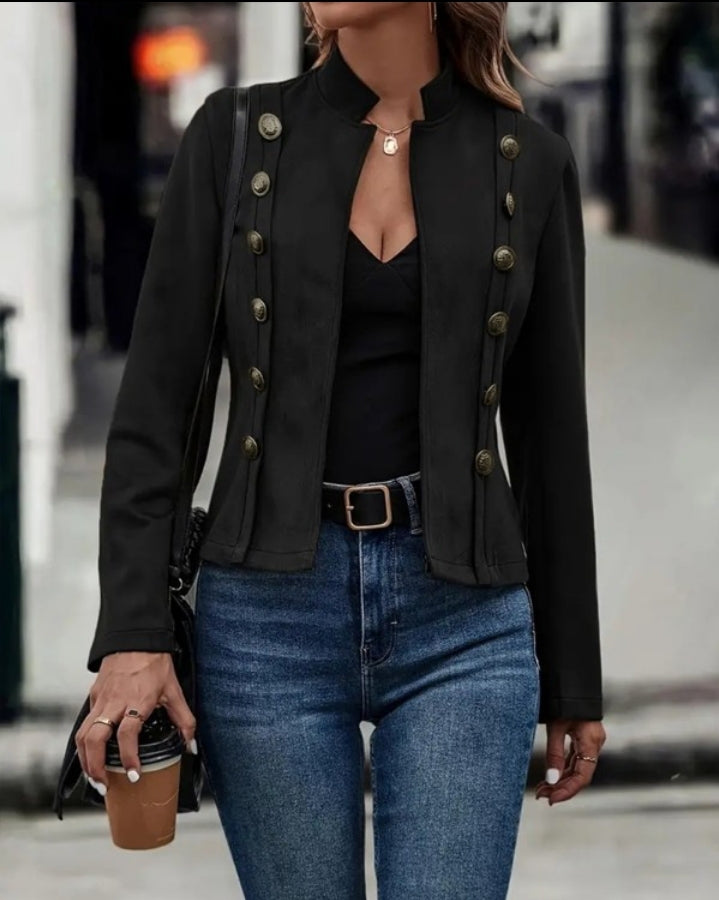 Women's Faux Suede Stand Collar Jacket, Casual Open Front Coat with Decorative Buttons