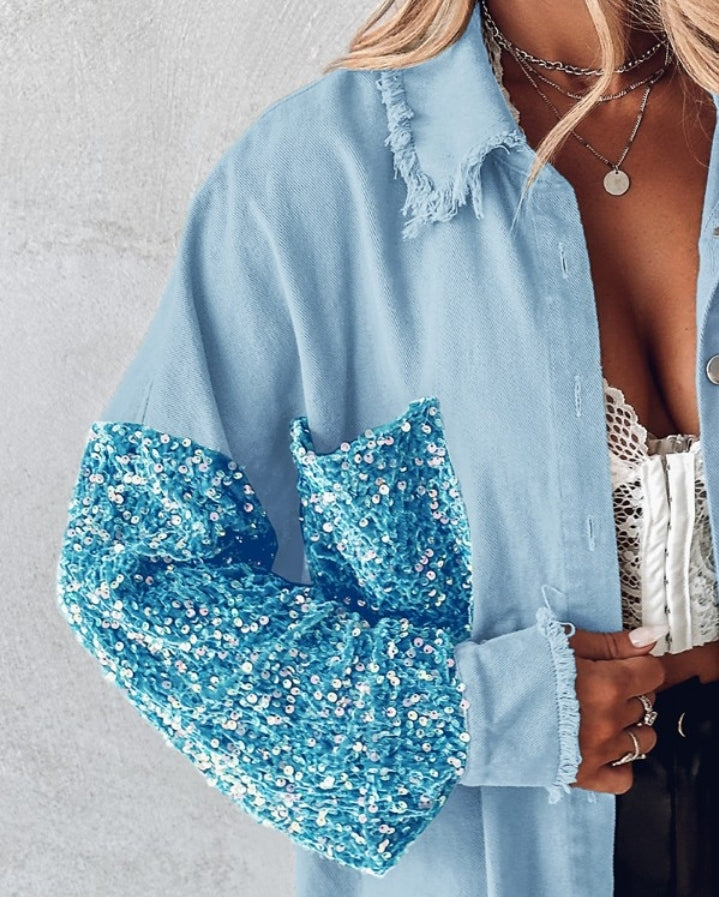 Premièrement : Apportez une touche d’éclat à votre look avec cette Veste décontractée à paillettes et patchwork à manches longues avec bouton sur le devant et ourlet brut femme 