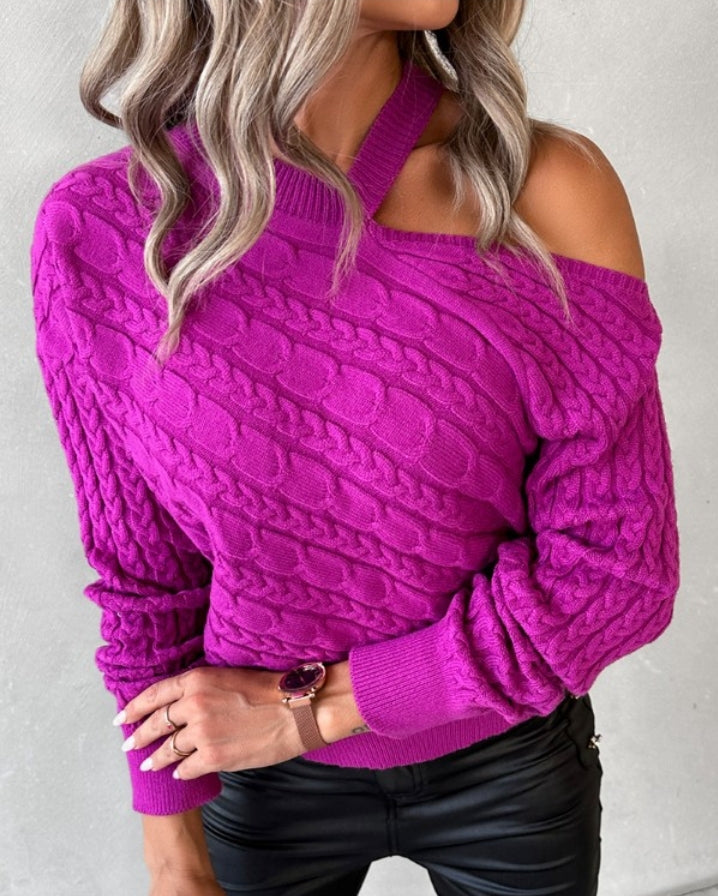 Long sleeve off-the-shoulder cable knit sweater