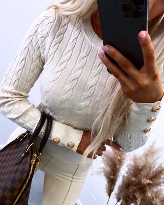 Long-sleeved, round-neck button-down braided knit sweater