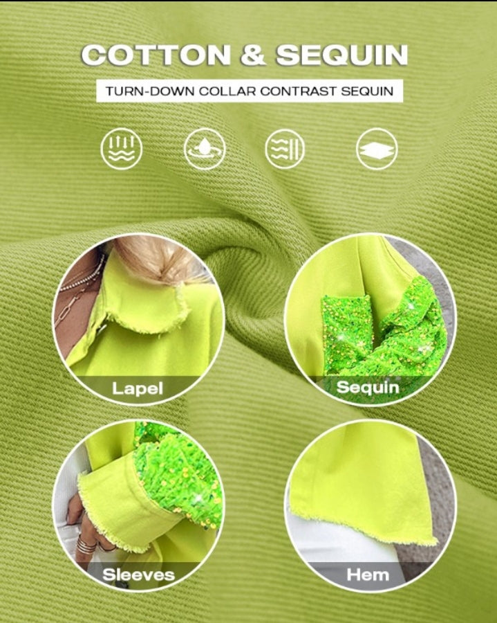 Premièrement : Apportez une touche d’éclat à votre look avec cette Veste décontractée à paillettes et patchwork à manches longues avec bouton sur le devant et ourlet brut femme 
