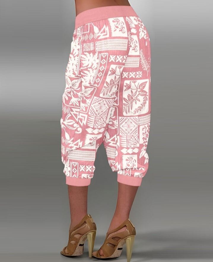 Premièrement : Ce Pantalon capri taille basse à imprimé plante tribales avec boutons décoratifs, pantalon de vacances avec poche femme .
