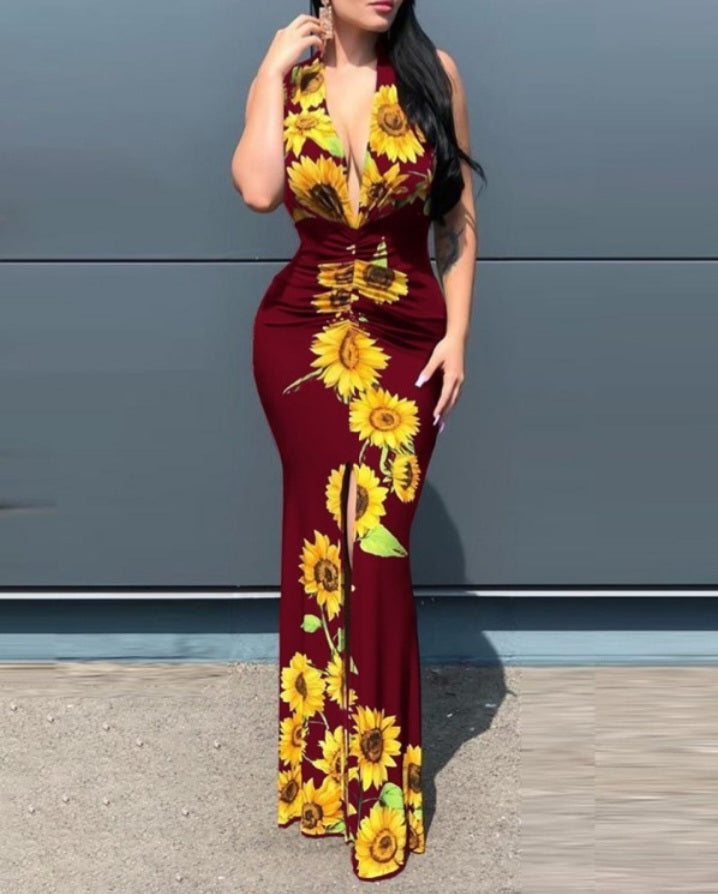 Premièrement : Cette Robe de soirée à fente haute et imprimé tournesol Femme.