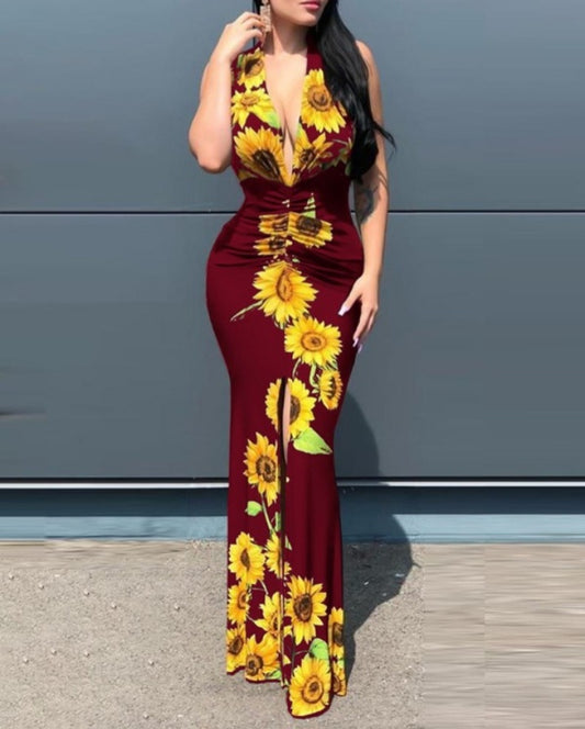 Premièrement : Cette Robe de soirée à fente haute et imprimé tournesol Femme.