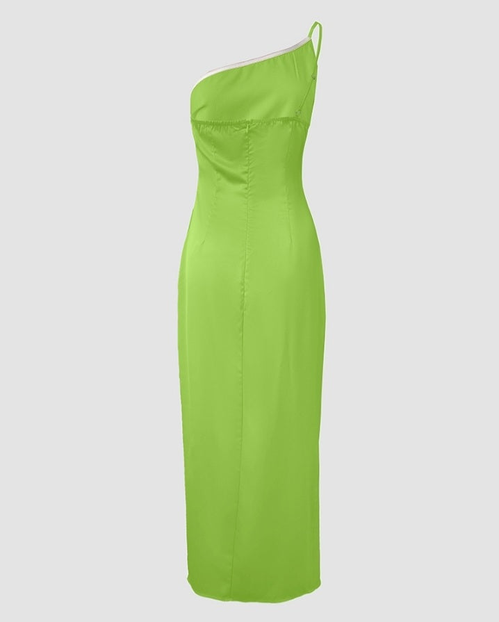 Premièrement : Cette Robe longue décontractée à une épaule sans manches , Froncée et fendue sur le côté Femme.
