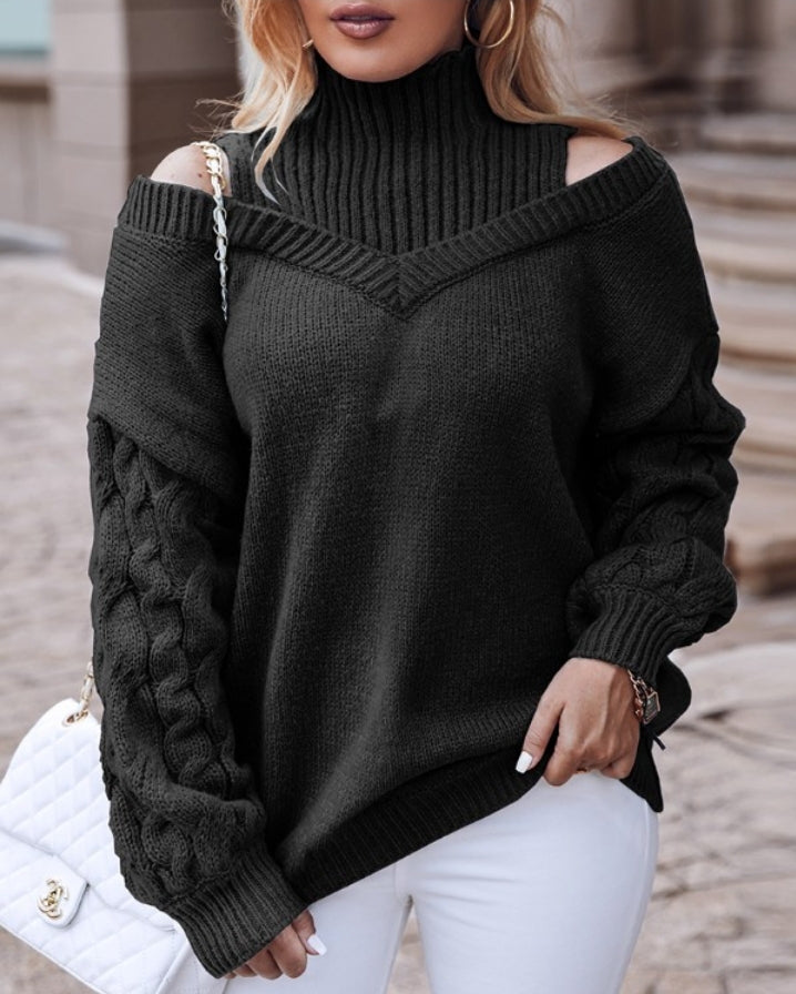 Cable Knit Off-the-Shoulder Lantern Sleeve Sweater