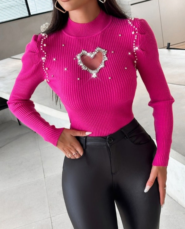 Hollow Heart and Rhinestone Knit Sweater