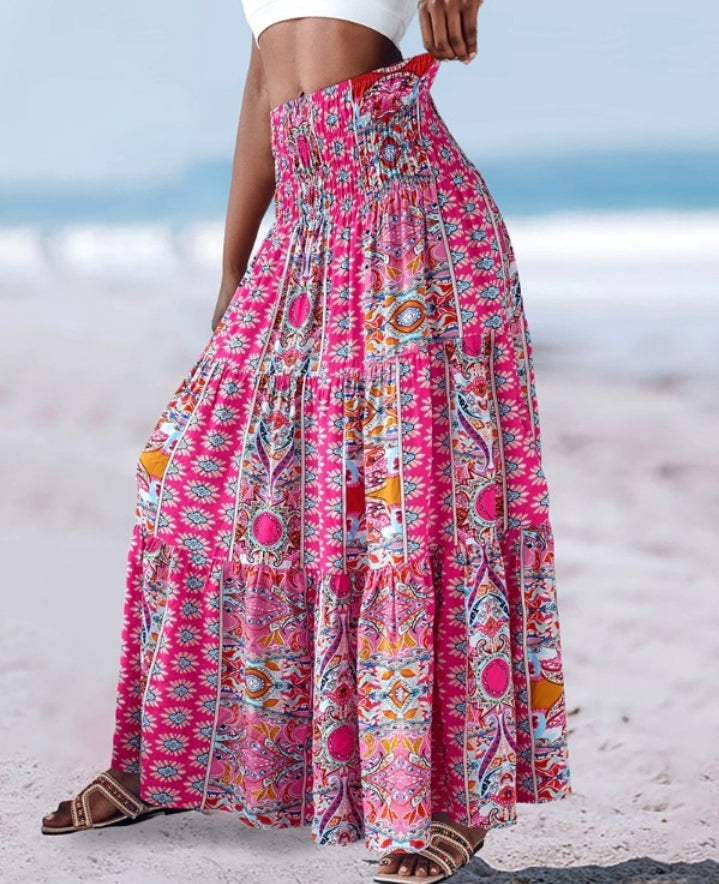 Premièrement : Cette Jupe longues plissées bohème d'été Jupes maxi fluides taille haute en ligne A Femme.