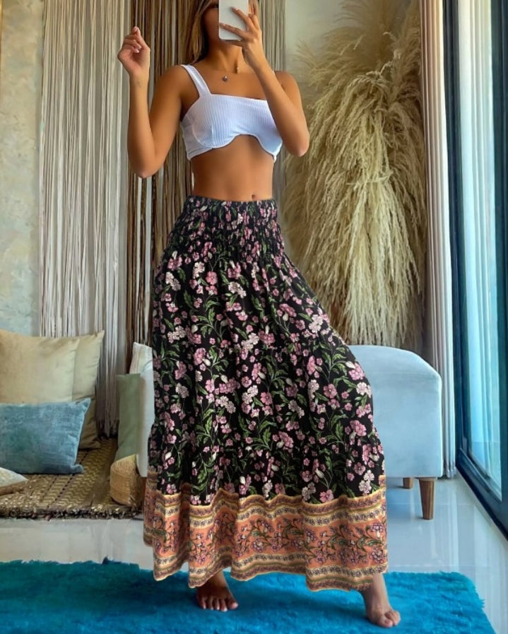 Premièrement : Cette Jupe longues plissées bohème d'été Jupes maxi fluides taille haute en ligne A Femme.