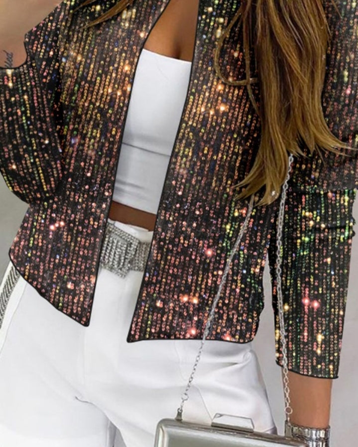 Premièrement : Brillez avec ce Manteau blazer à paillettes scintillantes, ouvert sur le devant , manches bouffantes femme.