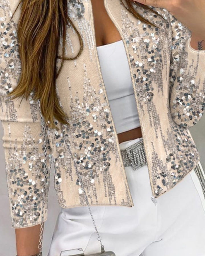 Premièrement : Faites sensation avec ce Manteau à sequins zippé à manches longues et col rond femme.