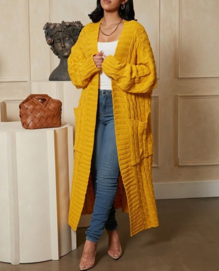 Long cable knit cardigan with pocket