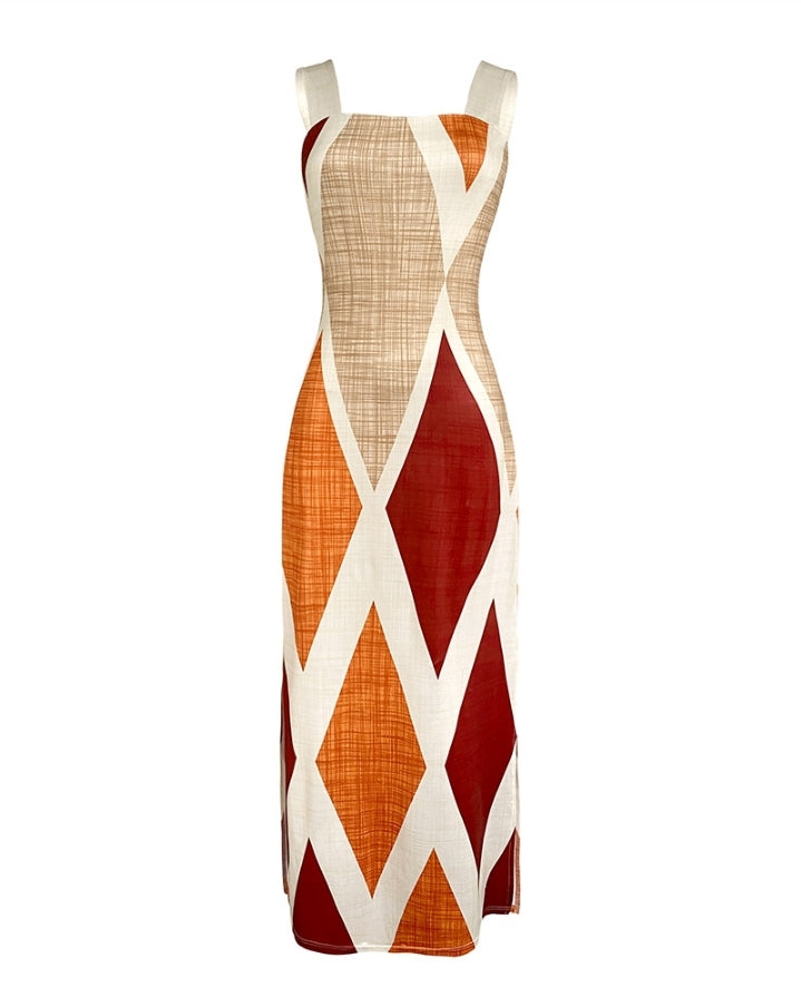 Premièrement : Cette Robe longue décontractée à.bretelles épaisses et imprimé géométrique, coupe ajustée, et fendue , avec poches Femme.