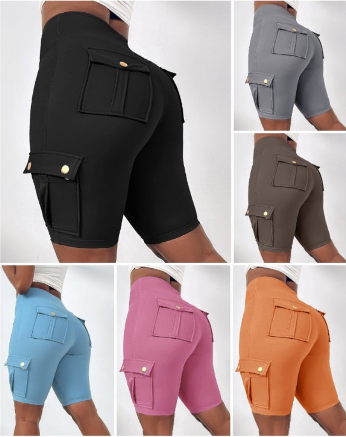 Premièrement : Ce Short de sport pour le contrôle du ventre et le levage des fesses, taille haute , avec poche à rabat , pour entraînement , bermuda cargo , pour la course à pied femme.