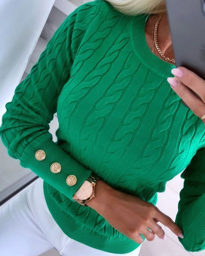 Long-sleeved, round-neck button-down braided knit sweater
