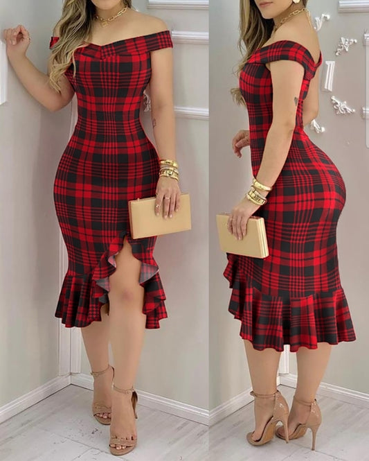 Premièrement : Cette Robe fendue à carreaux et épaules dénudées Femme.