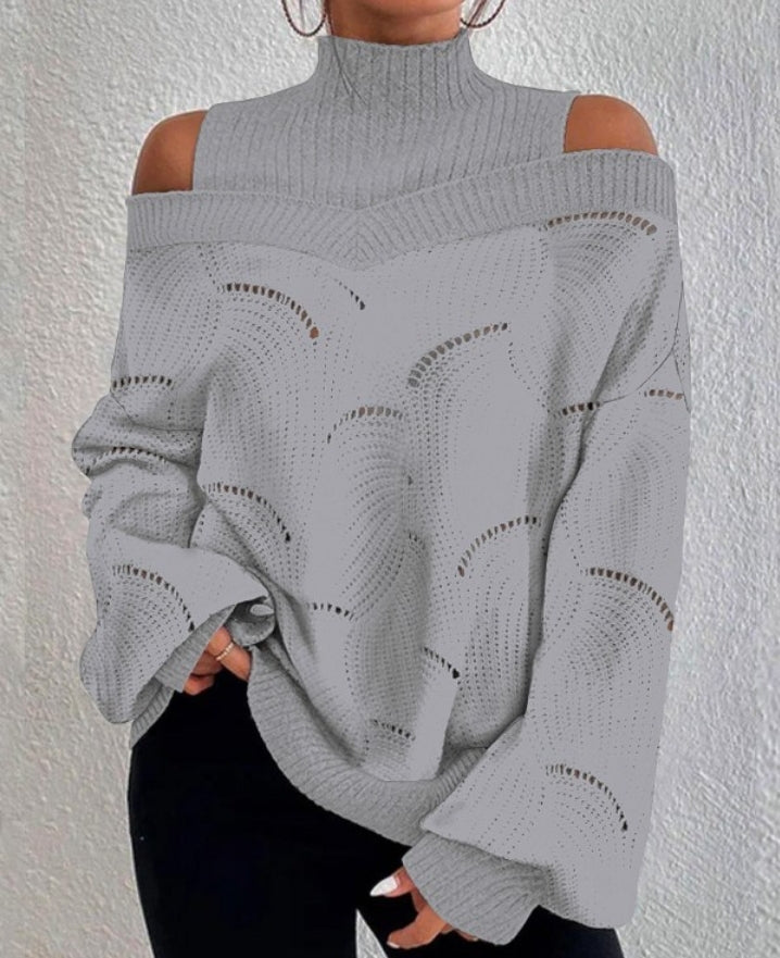 Openwork knit sweater with lantern sleeves and off-the-shoulder