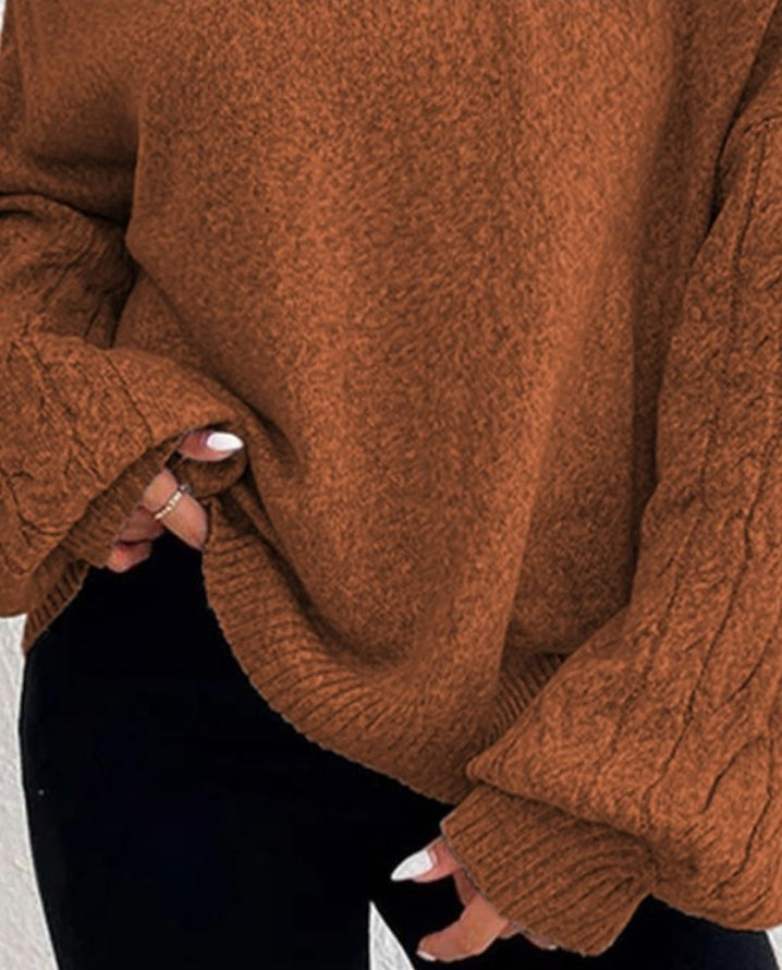 Cable Knit Off-the-Shoulder Lantern Sleeve Sweater