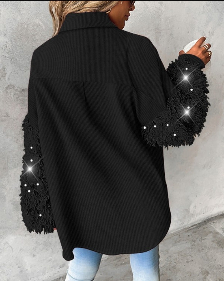 Premièrement : Apportez une touche d’éclat à votre look avec cette Veste décontractée à paillettes et patchwork à manches longues avec bouton sur le devant et ourlet brut femme 
