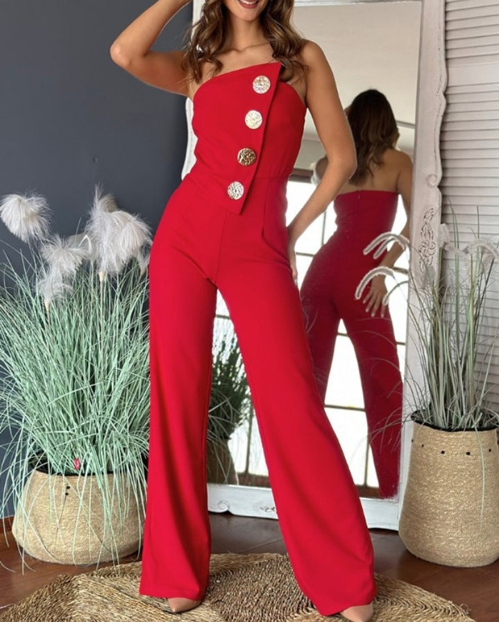 Combinaison bandeau asymétrique sans bretelles avec boutons métalliques et salopette décontractée Femme