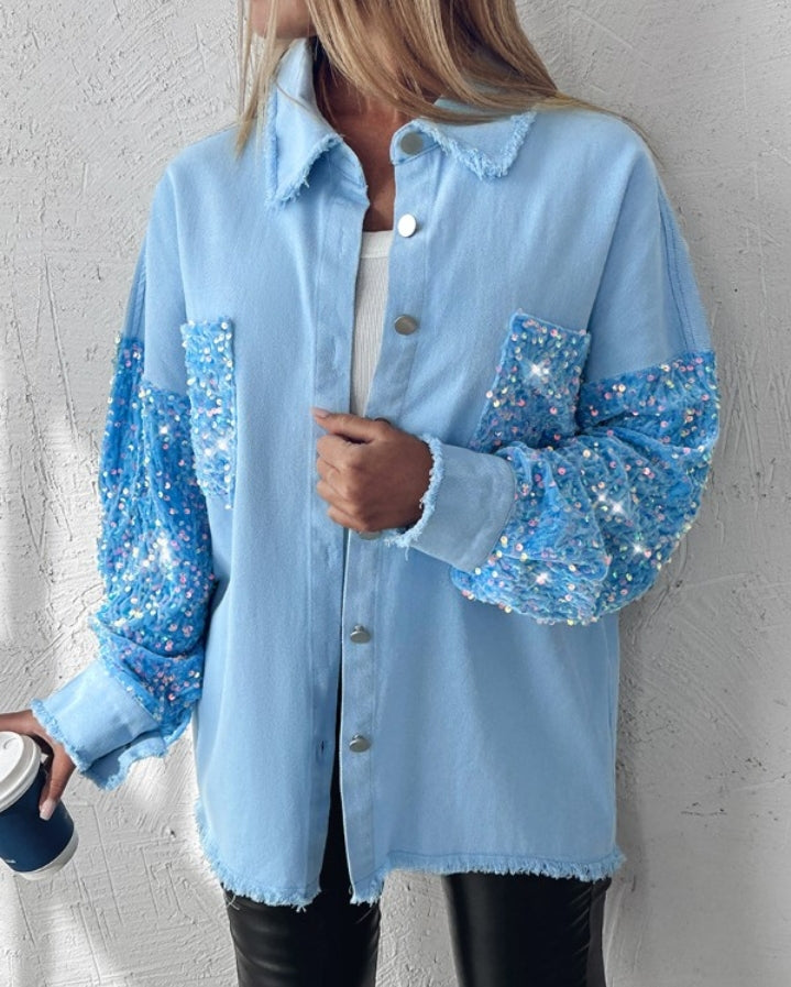Premièrement : Apportez une touche d’éclat à votre look avec cette Veste décontractée à paillettes et patchwork à manches longues avec bouton sur le devant et ourlet brut femme 