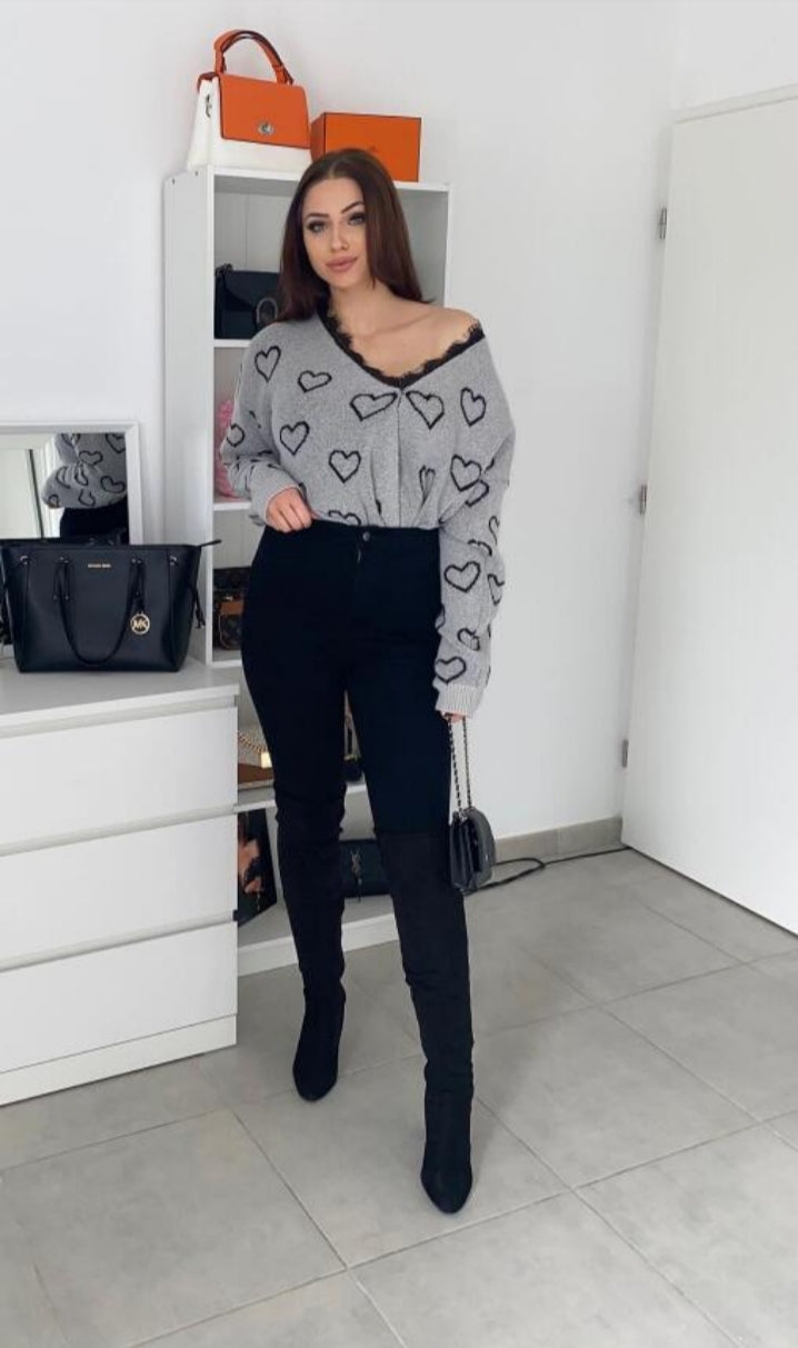 Long-sleeved knit wrap sweater with contrasting lace