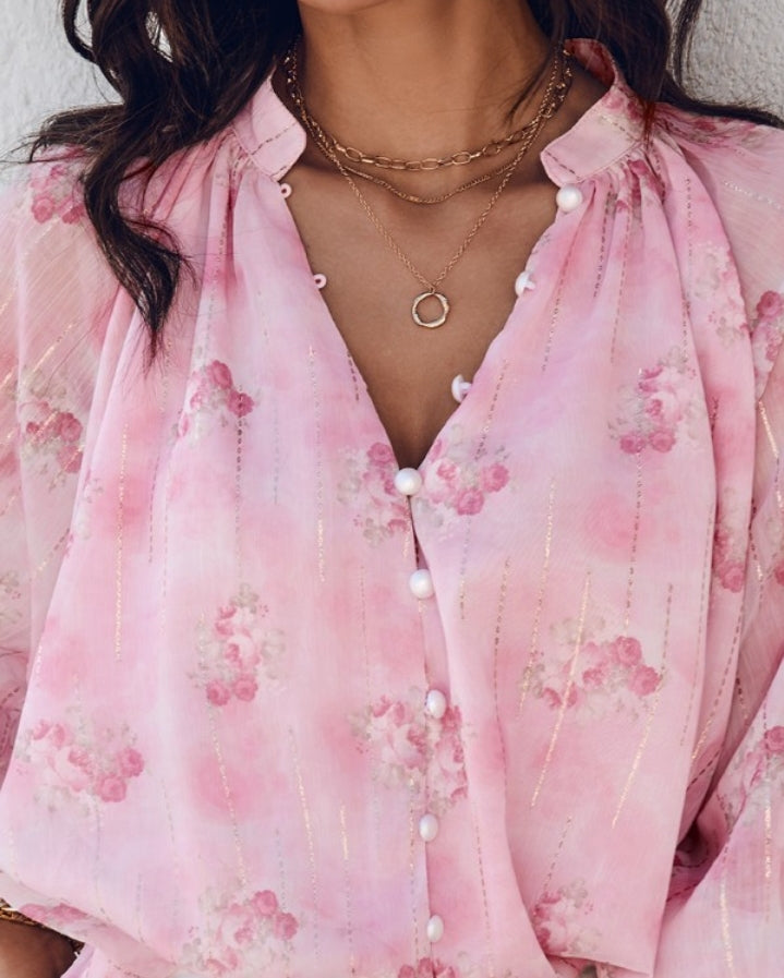 Chemisier à manches longues à imprimé floral en lurex pailleté, haut décontracté à boutons sur le devant femme 