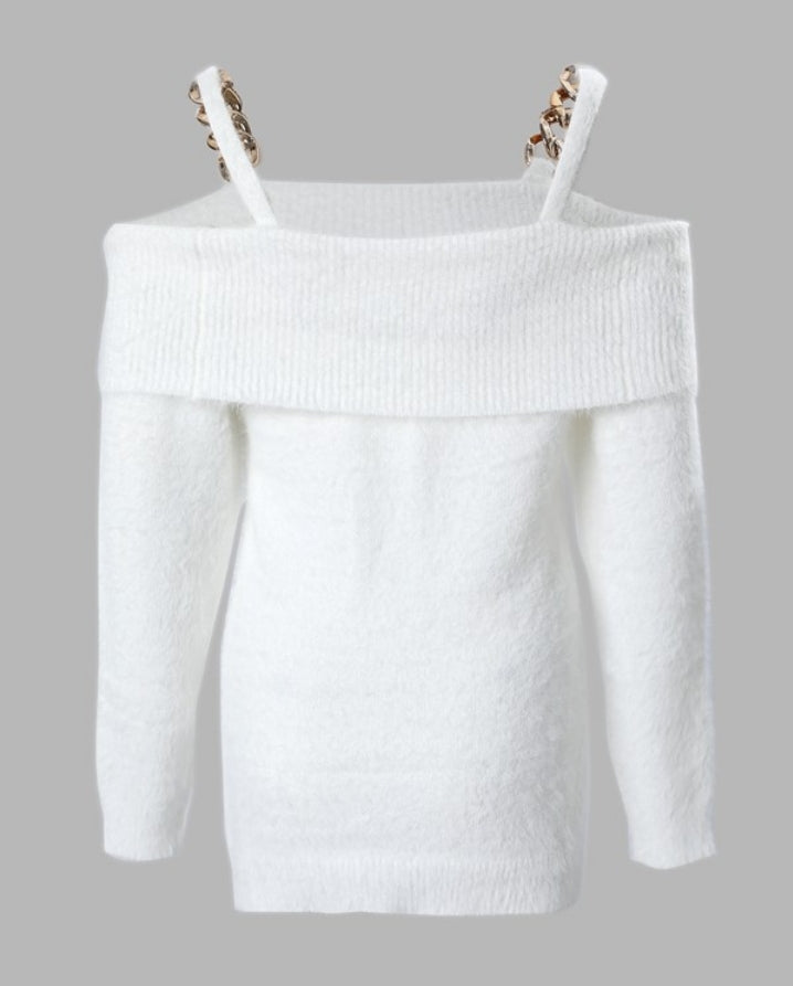Soft knit sweater with off-the-shoulder and chain decoration