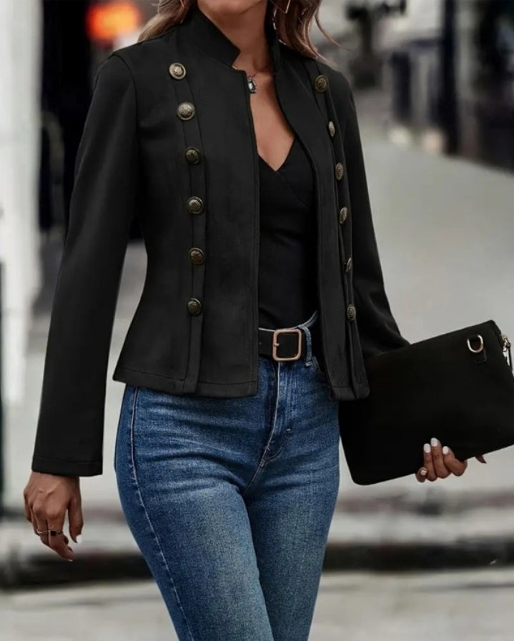 Women's Faux Suede Stand Collar Jacket, Casual Open Front Coat with Decorative Buttons